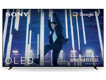 Téléviseur haute définition Sony BRAVIA 8 55XR80 noir au cadre métallique ultrafin et pieds latéraux discrets, écran OLED occupant presque toute la façade, vue de face