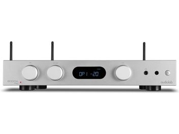 Ampli hi-fi intégré stéréo Audiolab 6000A Play argent avec façade rectangulaire, 4 boutons circulaires, écran central et 2 antennes
