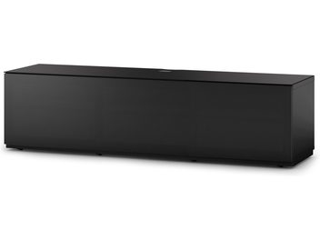 Meuble TV bas rectangulaire noir mat, sans poignées apparentes, vu de face en légère plongée