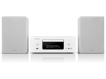 Mini-sistema Hi-Fi Denon CEOL RCD-N12DAB + SC-N10 bianco con unità centrale rettangolare, schermo nero, 2 diffusori rettangolari