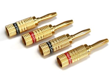 Quattro spinotti banana Norstone dorati con isolante rosso o nero, connettori maschi per cavi audio