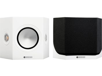 Diffusore surround Monitor Audio Silver FX 7G bianco satinato. Cabinet cubico bianco, altoparlante circolare nero al centro