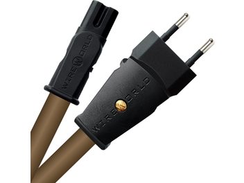 Câble d'alimentation secteur Wireworld Mini Electra 10 Power, connecteurs noirs, broches métalliques, gaine marron, vue rapprochée