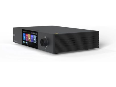Lecteur audio réseau EverSolo DMP-A8 noir mat, face avant avec écran tactile, molette et port USB, grille noire sur le côté droit