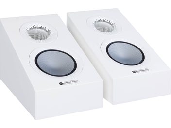 Two Monitor Audio Silver AMS 7G satin white speakers, top view, circular black grilles, central tweeter