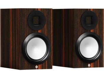 Enceinte bibliothèque Monitor Audio Gold 50 6G macassar, vue de face, 2 haut-parleurs circulaires, finition bois sombre