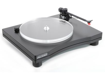 New Horizon 202 black turntable, silver circular platter, black tonearm, glossy black rectangular base