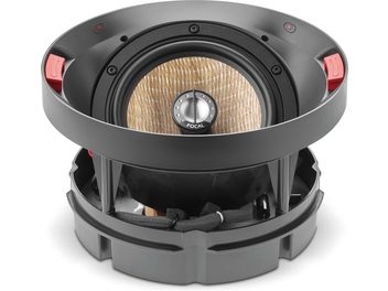 Focal 300 ICA6 in-wall speaker, front view, round black and gold speaker with gray protective grille