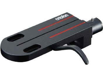 Ortofon LH-6000 Headshell, perspective view, black finish, 2 oval slots, 2 parallel red lines, cylindrical connector