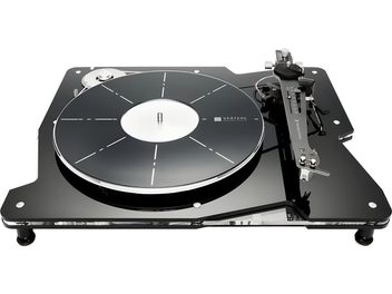 Platine vinyles hi-fi Vertere Acoustics Pack Raw DGX noir vue de dessus légèrement en biais, châssis en acrylique noir brillant monté sur pieds cylindriques, plateau circulaire noir à repères blancs cerclé de métal et bras de lecture métallique
