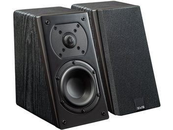 SVS Prime Elevation black ash speaker, front and side view, black enclosure, center speaker, tweeter