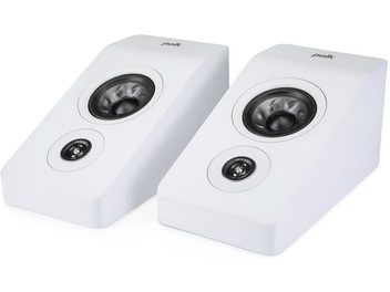 Two white Polk Audio R900 speakers, viewed from the front, with visible drivers on the angled top surface