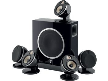 Pack d'enceintes compactes Dôme Flax 5.1 noir avec 5 satellites sphériques sur socles inclinables et 1 caisson rectangulaire avec évent latéral