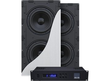 SVS 3000 in-wall subwoofer, 3 round black speakers, white panel, compact amplifier