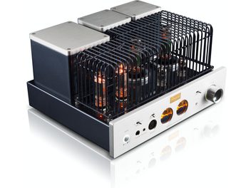 Cayin HA-6A headphone preamplifier, silver front panel in aluminum, three-quarter front left view, black chassis topped with metal blocks and a mesh cage protecting glowing vacuum tubes, large volume knob and front panel connectors