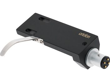 LH-4000 black headshell, perspective view, silver 4-pin connector, curved silver lever, gold logo