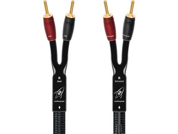Câble d’enceinte Audioquest Rocket 88 DBS, gaine tressée noire, double Y, fiches banane métal doré, manchons rouges et noirs