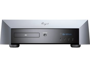 Cayin M-50 high-fidelity CD player, silver-gray aluminum with glossy black front panel, disc tray on the left, central power button, blue digital display, and four small round buttons on the right, front view