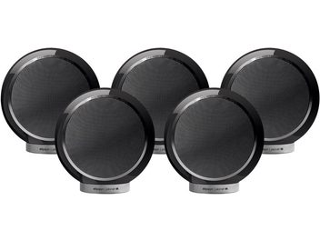 Pack 5.0 Planet M noir Elipson, 5 enceintes compactes rondes noires laquées, vues de face, grilles noires