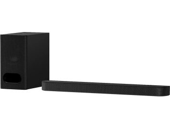 Μπάρα ήχου Sony Bravia Theatre Bar 6 μαύρη με ορθογώνιο υπογούφερ και υφασμάτινη γρίλια, σε γωνιακή προβολή