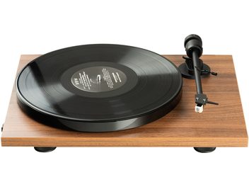 Giradischi hi-fi Pro-Ject E1 Phono noce con piatto circolare nero, braccio di lettura nero, base rettangolare con finitura in legno