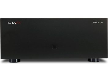 IOTAVX AVXP 3-230 power amplifier in matte black metal, minimalist front panel with central square button and two cylindrical feet, front view