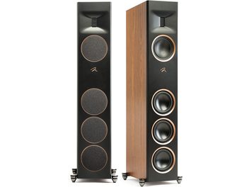 Enceinte colonne MartinLogan Motion XT F100 noyer avec façade noire, 4 haut-parleurs circulaires et côtés en finition bois