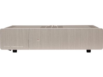 Roksan K3 anthracite power amplifier, front view, rectangular gray enclosure, front panel with central red LED