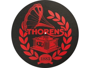Turntable mat for Thorens vinyl record player Black felt with red Thorens 1883 logo, gramophone, and laurel motifs