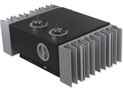 Amplificatore hi-fi stereo Pathos InPol Remix MkII nero laccato, vista dall'alto in prospettiva, due manopole rotanti sulla parte superiore, dissipatori di calore laterali