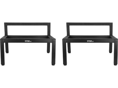 Pereche de picioare pentru difuzor Enova HIFI Vintage Metal Stand 20 negre din metal, vedere din față, structură rectangulară deschisă cu patru picioare, bară spate și logo alb pe traversa din față
