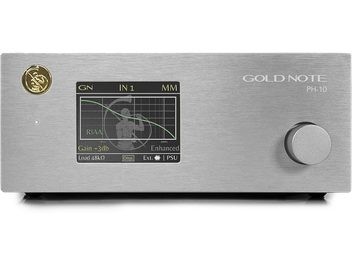 Preamplificador de fonógrafo Gold Note PH-10 plateado, vista frontal, con perilla giratoria, interruptor, pantalla y conectores en el panel frontal de aluminio cepillado