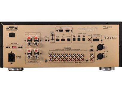 Ampli hi-fi stéréo Advance Paris A10 Classic noir, face avant avec connectiques audio et réglages, vue de face