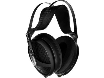 Odprti hi-fi slušalke Meze Audio Empyrean II črne barve, pogled iz treh četrtin spredaj, z ovalnimi blazinicami in kovinskim lokom