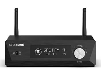 Ενισχυτής hi-fi στερεοφωνικός ArtSound Smart Evo, όψη από μπροστά, 2 κάθετες κεραίες, κουμπί ενεργοποίησης/απενεργοποίησης, οθόνη που δείχνει "SPOTIFY", ασημένιο κουμπί έντασης