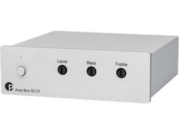 Pro-Ject Amp Box S3 CI high-fidelity power amplifier silver, front view, silver button on the left, 3 black buttons