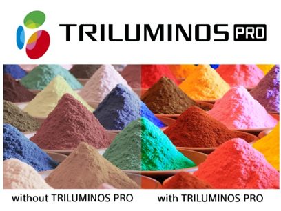 Logo "Triluminos Pro" et pyramides de poudres colorées rouge, orange, jaune, vert, bleu, violet, avec et sans technologie Triluminos Pro