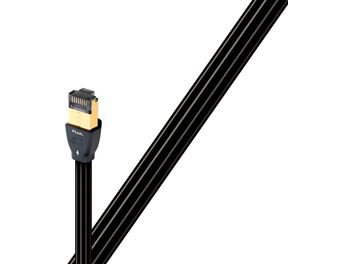 Cavo Ethernet RJ45 nero Audioquest Pearl da 8 metri con connettore RJ45 dorato, visto da davanti in primo piano