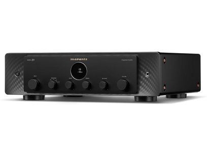 Ampli hi-fi stéréo Marantz Model 50 noir, vue de face, façade noire avec boutons et molette argentés, affichage bleu