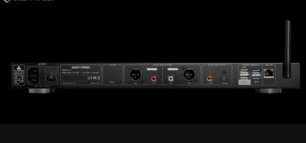 Must metallist elektroonikakorpus, tagantvaade, millel on IEC toitepistik, lüliti, USB-C port, kaks XLR-väljundit, kaks RCA-väljundit, koaksiaalväljund, optiline Toslink-väljund, kaks USB-A porti, RJ45 Ethernet-port ja Wi-Fi antenn, valge kiri « Silent Angel »