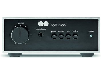 Naim NAIT 50 stereo hi-fi amplifier, black aluminum front panel, white controls, knobs, jacks, sleek design