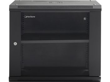 Sort audiovisuelt Norstone Pro Wall Rack 9U sort med glasdør, lås til venstre, indvendig hylde og ventilationsgitre