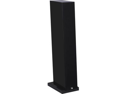 Enceinte colonne Davis Acoustics Courbet n°7 noir laqué, vue en perspective, forme rectangulaire élancée, socle rectangulaire plat