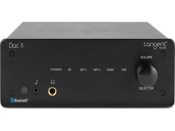 Tangent DAC II black audio DAC converter, front panel with buttons, selector, USB and coaxial ports, headphone output, volume control