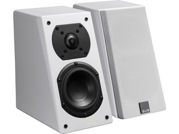 SVS Prime Elevation white lacquered speaker, front and side view, black tweeter and woofer, removable white grille