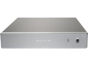 Nuprime AMG One hi-fi power amplifier, sleek gray rectangular housing, minimalist front panel