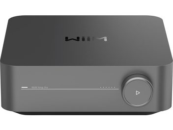 Ενισχυτής hi-fi στερεοφωνικός WiiM Amp Pro γκρι διαστημικός με ορθογώνια θήκη, κυκλικό κουμπί στα δεξιά και λογότυπο στην κορυφή