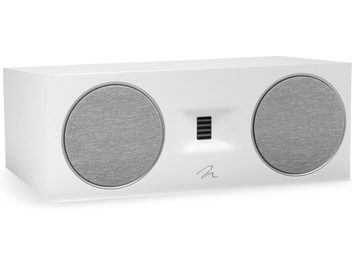 Enceinte centrale MartinLogan Motion C10 blanc laqué avec 2 grilles circulaires grises et un tweeter rectangulaire noir au centre