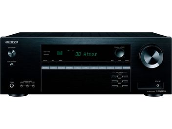 Ampli home-cinéma Onkyo TX-SR494DAB noir, vue de face, affichage vert "00 Atmos", boutons et molettes de contrôle