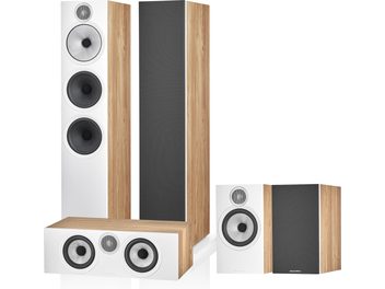 Pack d'enceintes colonnes Bowers & Wilkins 603 S3 chêne clair, 3 vues de face, 2 vues de 3/4 avant, finition chêne